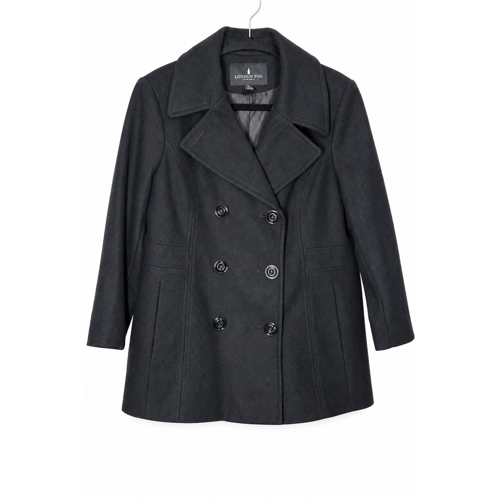 London Fog Black Pea Coat Fisherman Wool Blend Double Breasted Preppy